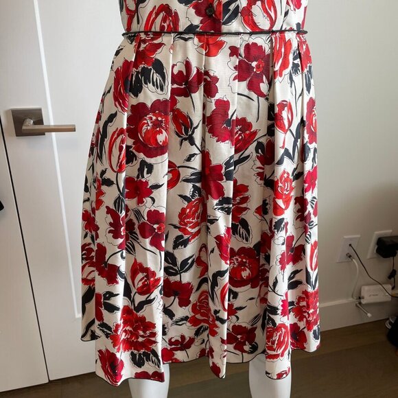 Jil Sander NAVY Designer Fit & Flare Pleated Floral Shirt Dress Ecru Red Sz 34 - Picture 2 of 15